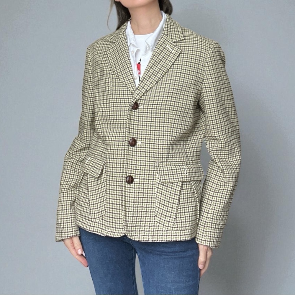 Talbots Classic Fit Houndstooth Blazer Jacket Size 12 Brown Green Wool Blend - Picture 3 of 11